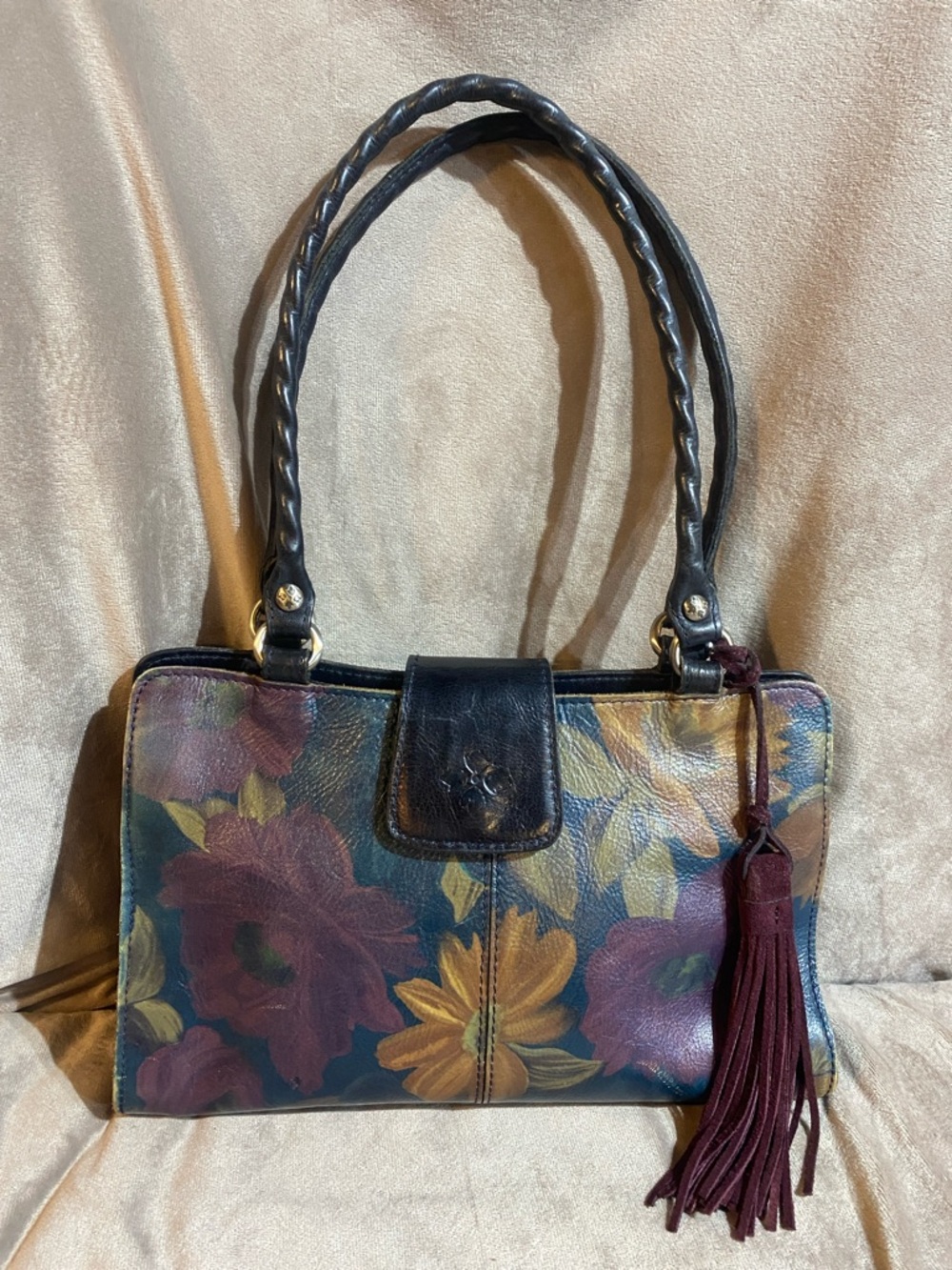 Patricia Nash Rienzo Floral Black Leather Peruvian Painting Shoulder Handbag